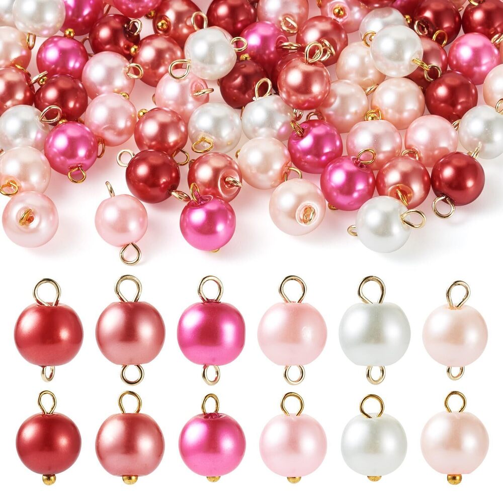6738 120 Pcs Glass Pearl Charms Pink Round Ball Connectors Crystal Bead